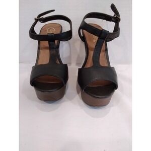 Candies Macao Platform‎ Wedge Sandals Black Peep Toe T Strap Y2K Goth Date Night